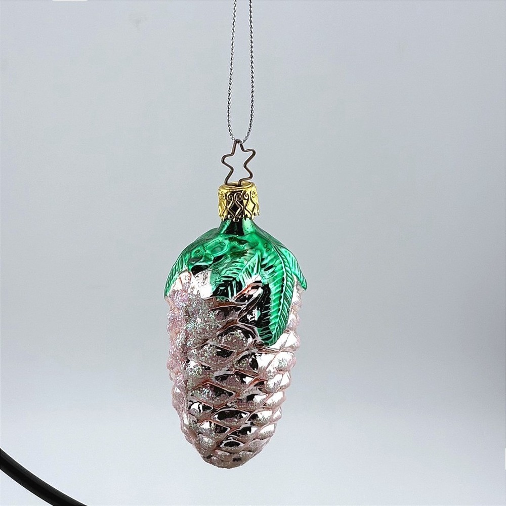 Pink Glass Pinecone Christmas Ornament Green Leaves Glitter Star Hanger Kitsch‎
